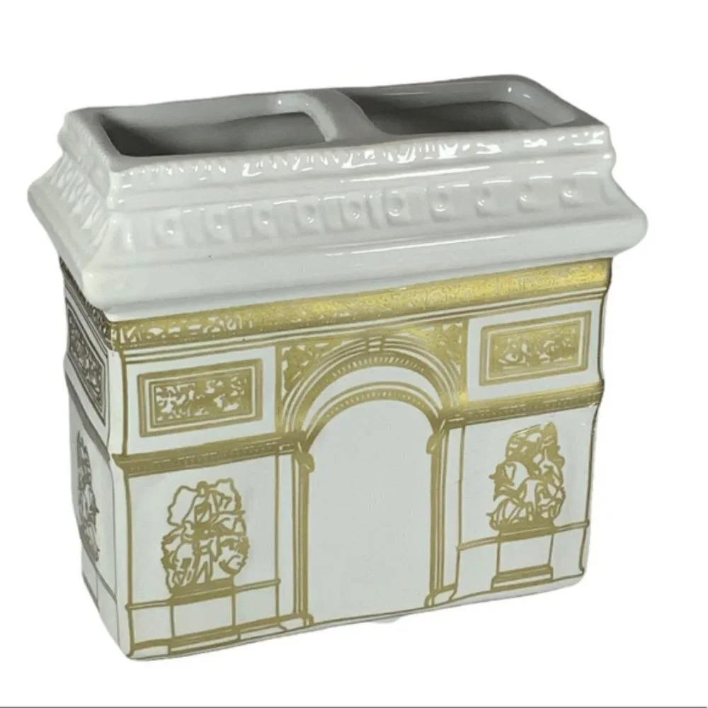 Paris Toothbrush Holder Arc de Triomphe Parisian French Ceramic Decor White Gold